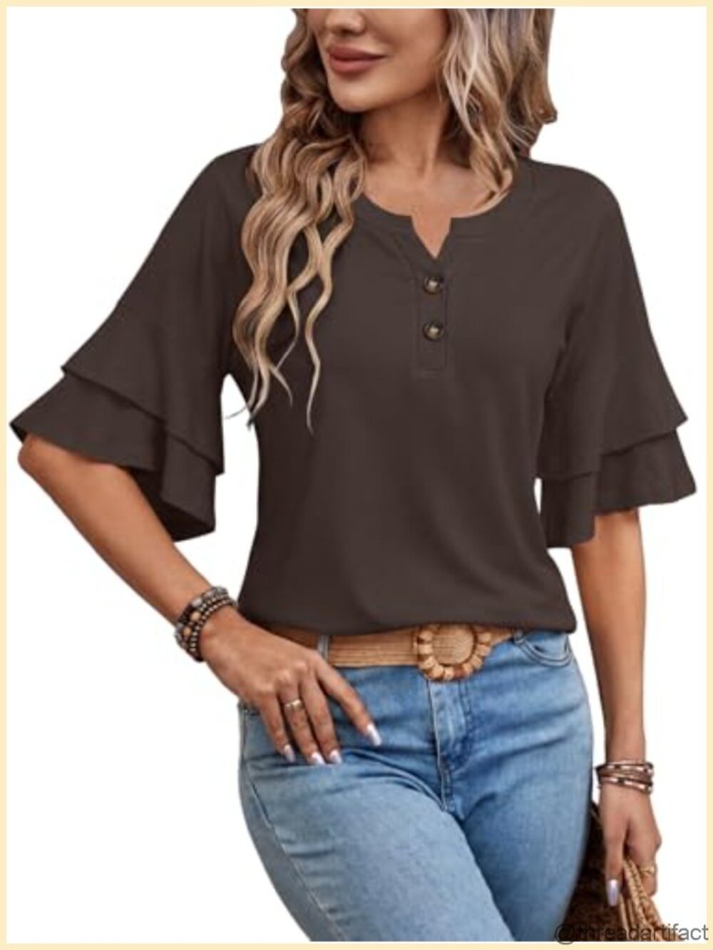 Womens 3/4 Ruffle Sleeve Henley V Neck Tunic Top